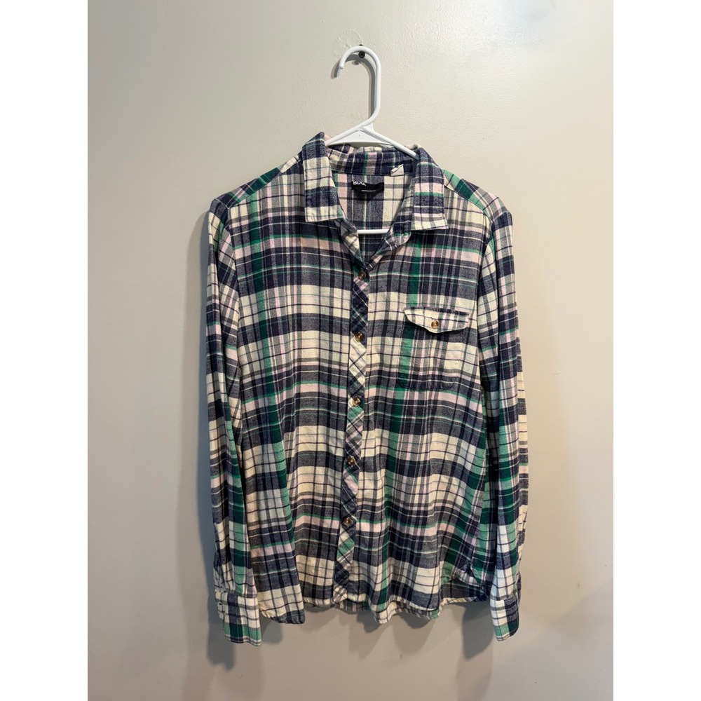 BDG Urban Outfitters Boyfriend Fit Plaid Flannel Shirt Navy Green Pink Medium